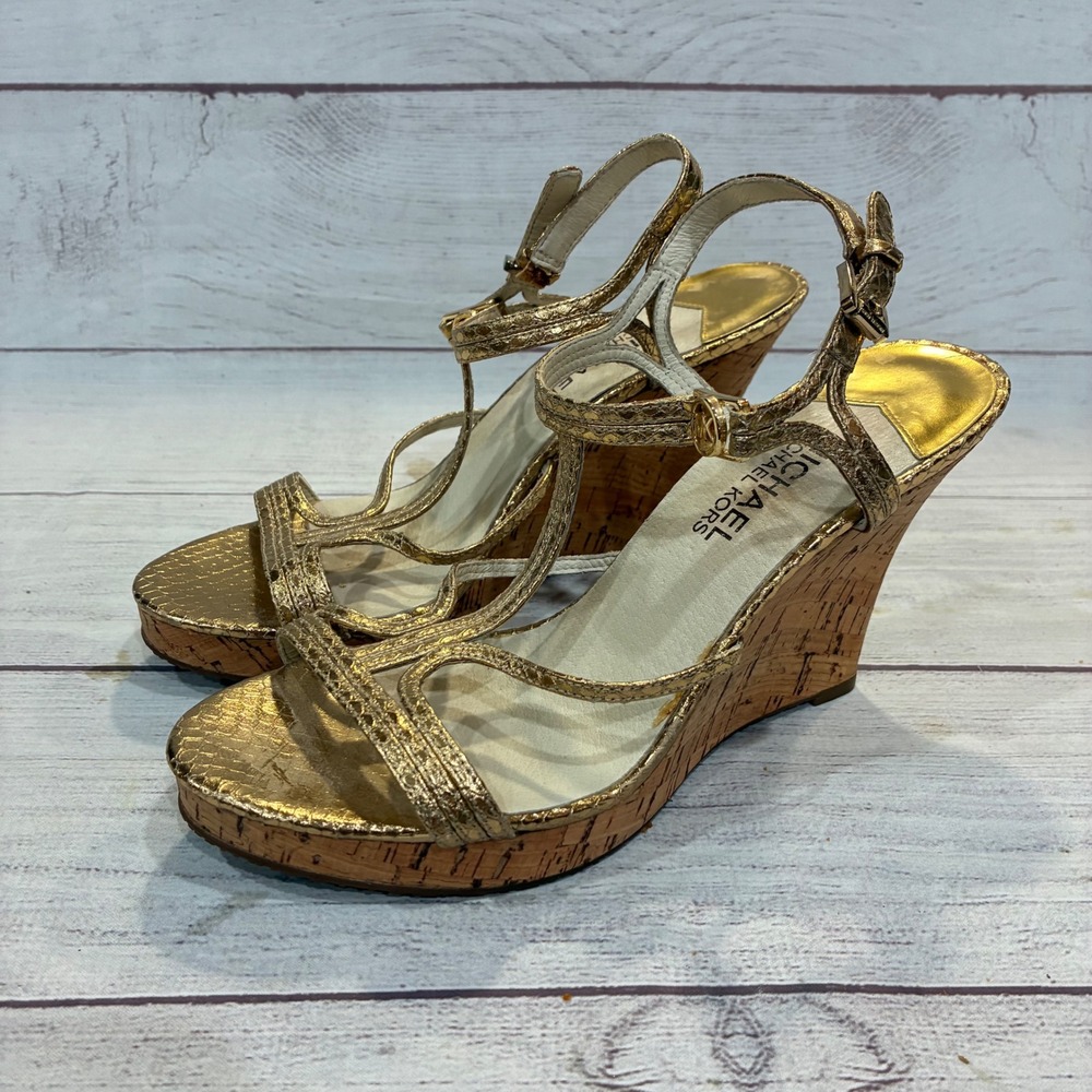 Michael Kors Cicely Wedge Sandals Womens 6 Gold Metallic Cork Snakeskin Heel